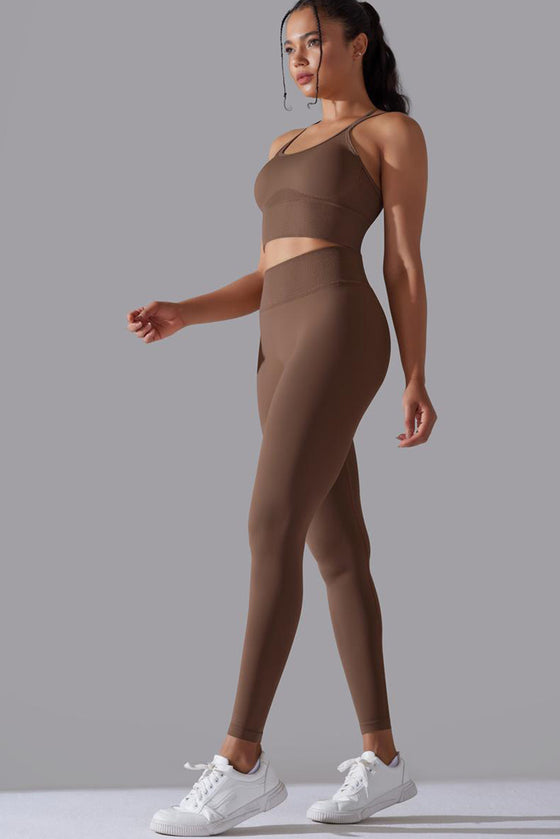 LC2611612-P4017-S, LC2611612-P4017-M, LC2611612-P4017-L, Desert Palm Lattice Strappy Back Top and Leggings Workout Set