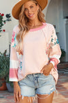 PACK25122088-P1020-1, Pink Printed Fiery Pinstriped Color Block Patchwork Oversized Top