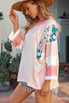 PACK25122088-P1020-1, Pink Printed Fiery Pinstriped Color Block Patchwork Oversized Top