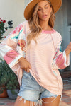 PACK25122088-P1020-1, Pink Printed Fiery Pinstriped Color Block Patchwork Oversized Top