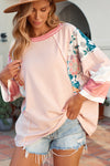 PACK25122088-P1020-1, Pink Printed Fiery Pinstriped Color Block Patchwork Oversized Top