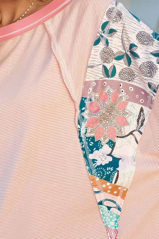 PACK25122088-P1020-1, Pink Printed Fiery Pinstriped Color Block Patchwork Oversized Top