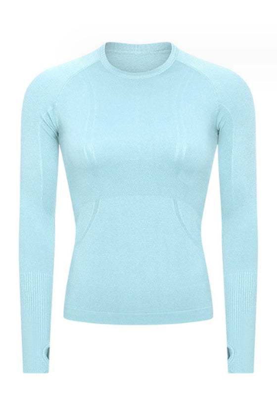 PACK264631-P4-1, Light Blue Slim Thumbhole Sleeve Textured Detail Gym Top