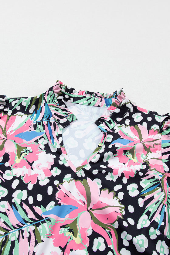 PACK6119013-P1022-1, Pink Leopard Floral Ricrac Embellished Tiered Mini Dress