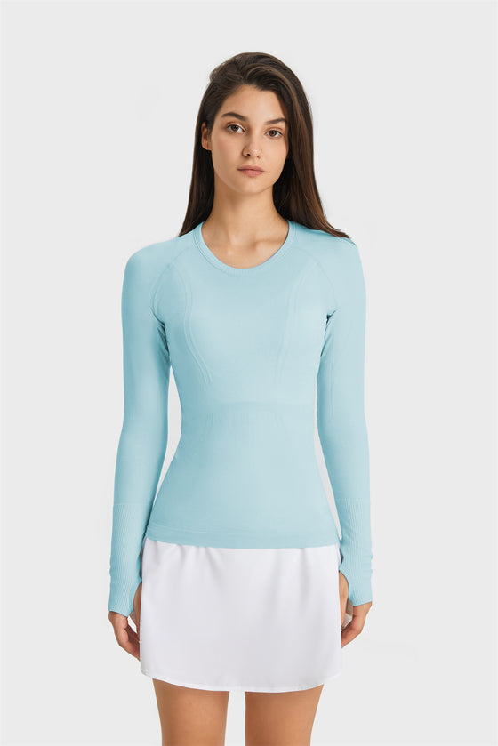 PACK264631-P4-1, Light Blue Slim Thumbhole Sleeve Textured Detail Gym Top