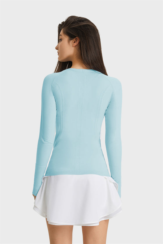 PACK264631-P4-1, Light Blue Slim Thumbhole Sleeve Textured Detail Gym Top