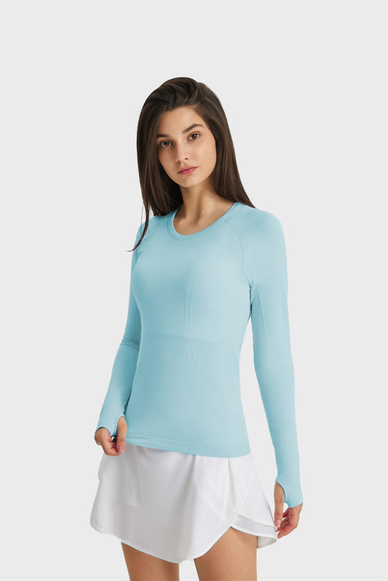 PACK264631-P4-1, Light Blue Slim Thumbhole Sleeve Textured Detail Gym Top