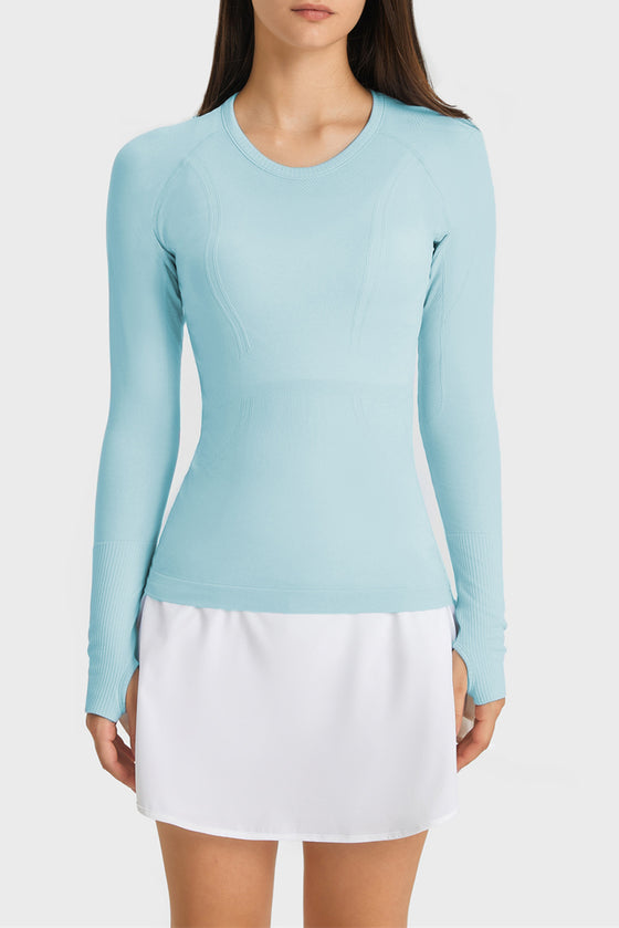 PACK264631-P4-1, Light Blue Slim Thumbhole Sleeve Textured Detail Gym Top