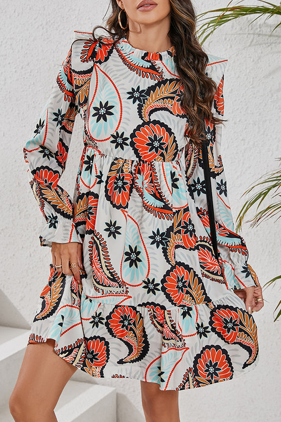 PACK6118501-P120-1, White Printed Boho Paisley Floral Print Puff Sleeve Mini Dress