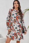 PACK6118501-P120-1, White Printed Boho Paisley Floral Print Puff Sleeve Mini Dress