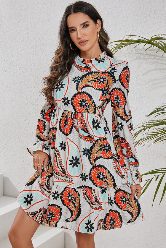 PACK6118501-P120-1, White Printed Boho Paisley Floral Print Puff Sleeve Mini Dress