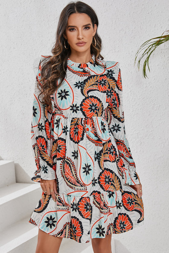 PACK6118501-P120-1, White Printed Boho Paisley Floral Print Puff Sleeve Mini Dress