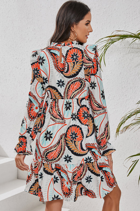 PACK6118501-P120-1, White Printed Boho Paisley Floral Print Puff Sleeve Mini Dress