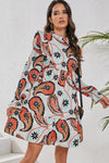 PACK6118501-P120-1, White Printed Boho Paisley Floral Print Puff Sleeve Mini Dress