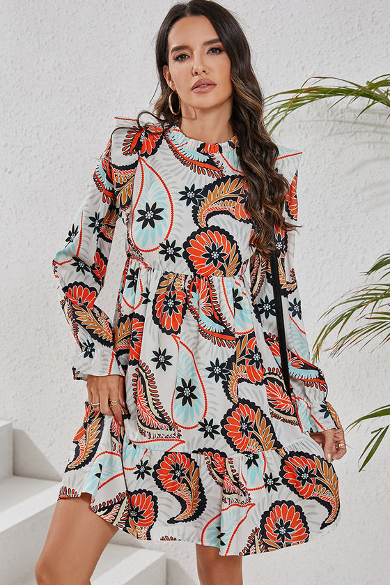 PACK6118501-P120-1, White Printed Boho Paisley Floral Print Puff Sleeve Mini Dress