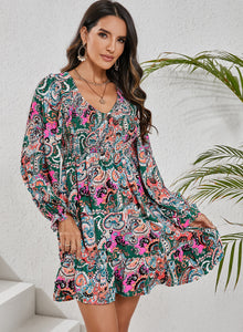  PACK6118499-P122-1, White Boho Paisley Print Ruffle Hem Dress