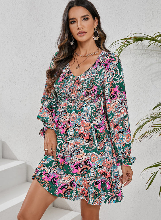 PACK6118499-P122-1, White Boho Paisley Print Ruffle Hem Dress