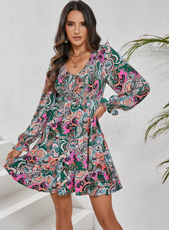 PACK6118499-P122-1, White Boho Paisley Print Ruffle Hem Dress