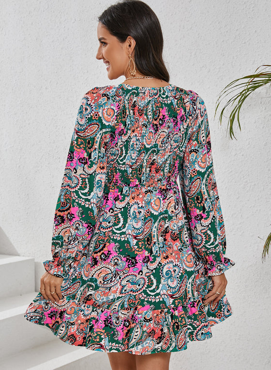 PACK6118499-P122-1, White Boho Paisley Print Ruffle Hem Dress