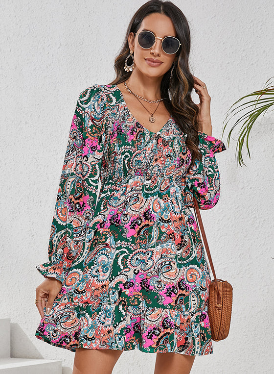 PACK6118499-P122-1, White Boho Paisley Print Ruffle Hem Dress