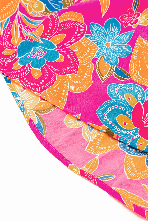 PACK6119015-P622-1, Rose Red Boho Floral V Neck Ruffle Tiered Long Dress