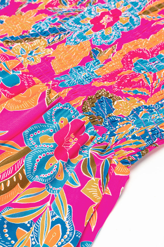 PACK6119015-P622-1, Rose Red Boho Floral V Neck Ruffle Tiered Long Dress