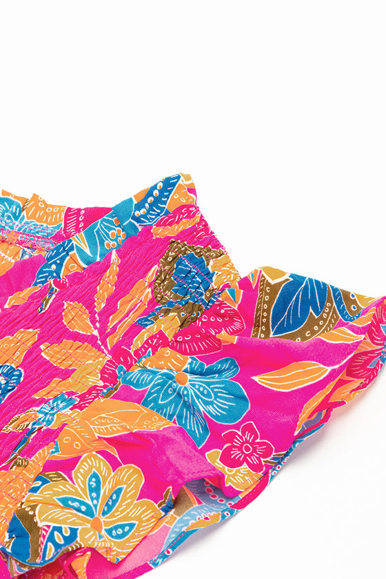 PACK6119015-P622-1, Rose Red Boho Floral V Neck Ruffle Tiered Long Dress