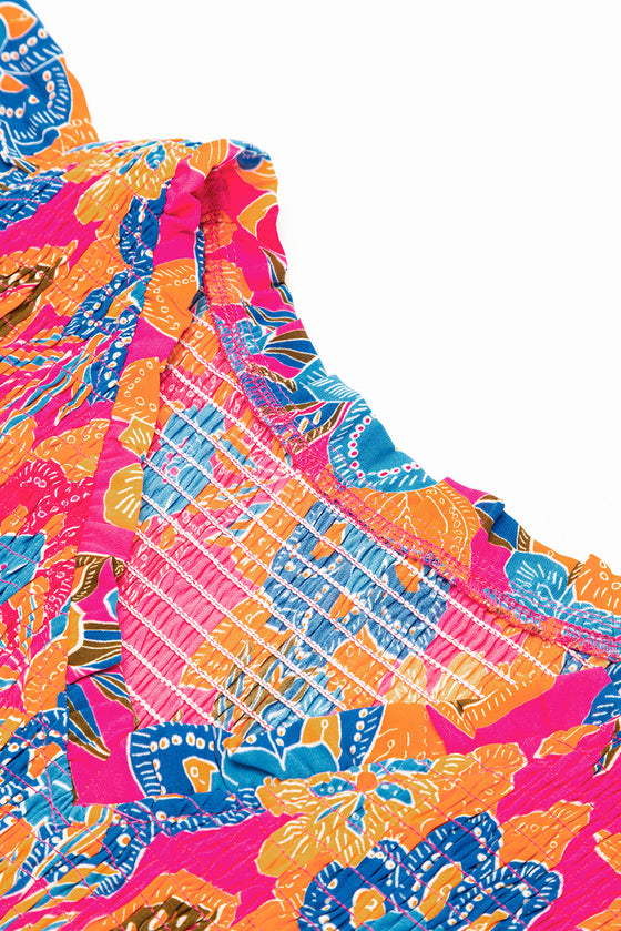 PACK6119015-P622-1, Rose Red Boho Floral V Neck Ruffle Tiered Long Dress