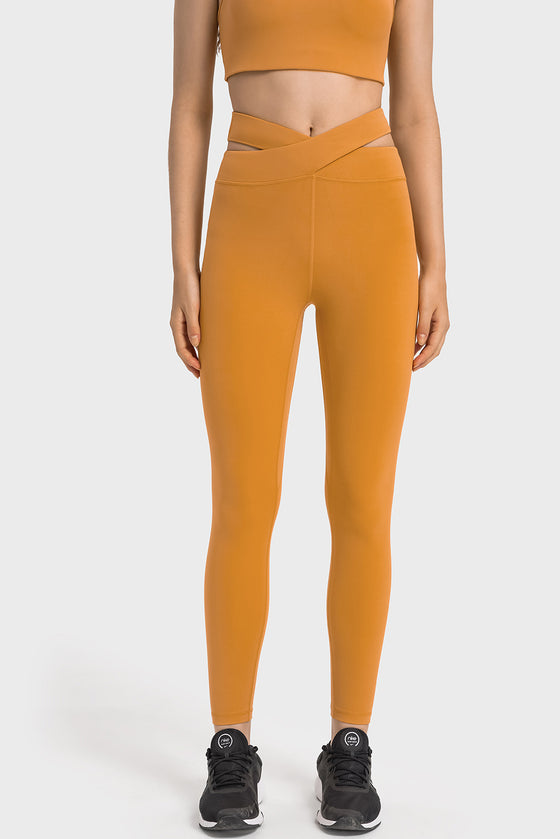 LC265456-P407-S, LC265456-P407-M, LC265456-P407-L, LC265456-P407-XL, Mustard Solid Cross Waistband Workout Leggings