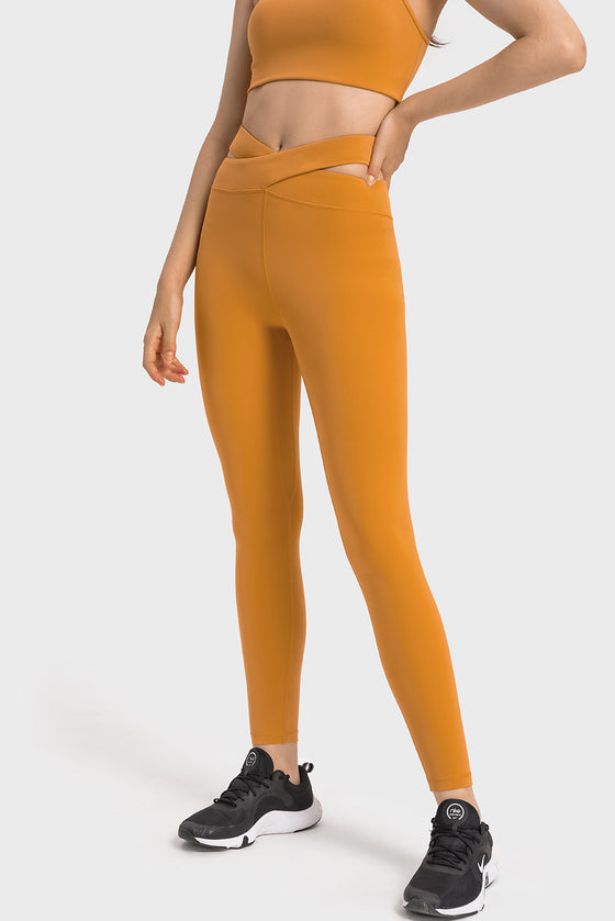LC265456-P407-S, LC265456-P407-M, LC265456-P407-L, LC265456-P407-XL, Mustard Solid Cross Waistband Workout Leggings