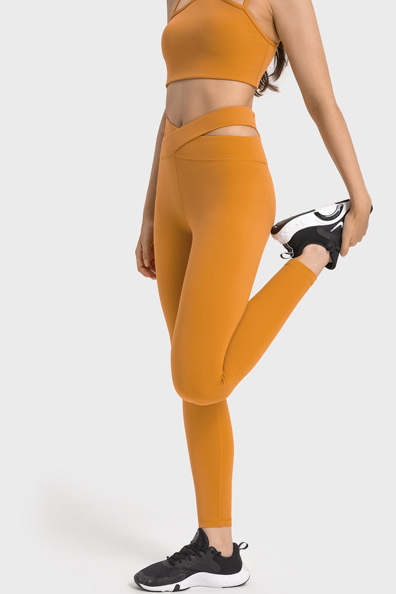 LC265456-P407-S, LC265456-P407-M, LC265456-P407-L, LC265456-P407-XL, Mustard Solid Cross Waistband Workout Leggings