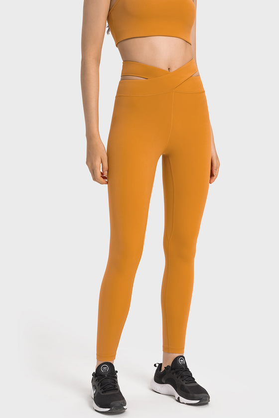 LC265456-P407-S, LC265456-P407-M, LC265456-P407-L, LC265456-P407-XL, Mustard Solid Cross Waistband Workout Leggings