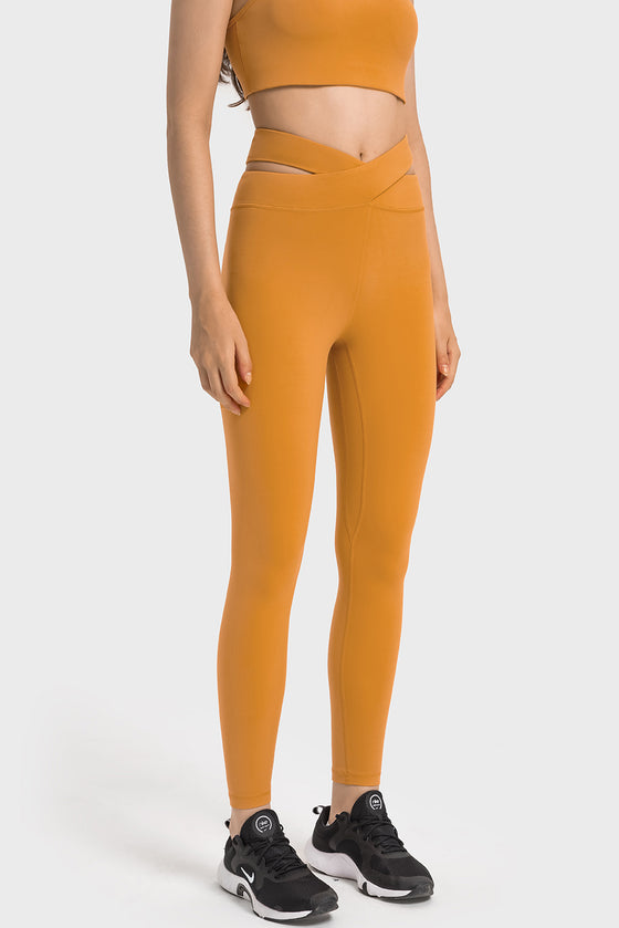 LC265456-P407-S, LC265456-P407-M, LC265456-P407-L, LC265456-P407-XL, Mustard Solid Cross Waistband Workout Leggings