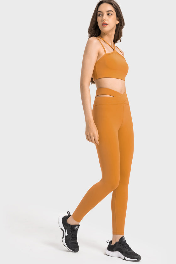 LC265456-P407-S, LC265456-P407-M, LC265456-P407-L, LC265456-P407-XL, Mustard Solid Cross Waistband Workout Leggings