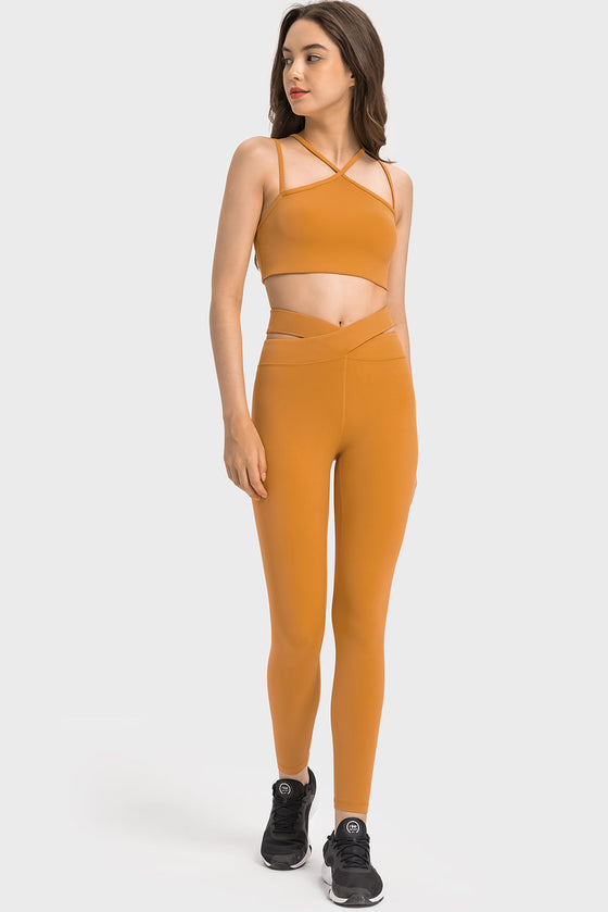 LC265456-P407-S, LC265456-P407-M, LC265456-P407-L, LC265456-P407-XL, Mustard Solid Cross Waistband Workout Leggings