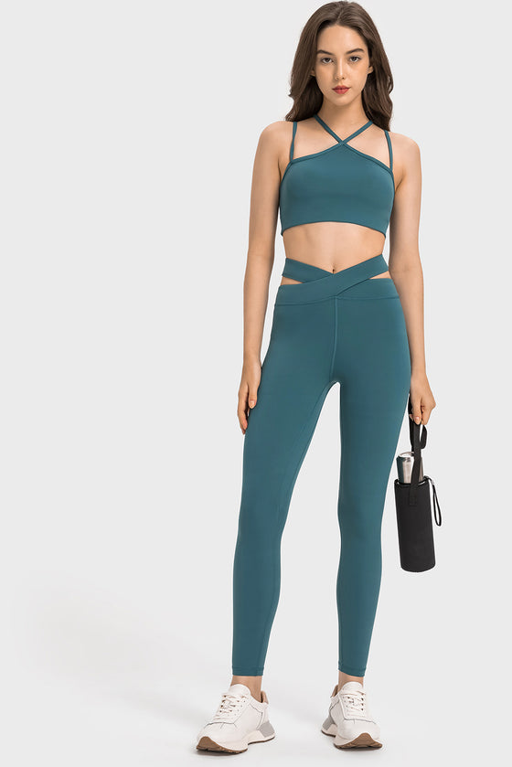 LC265456-P1709-S, LC265456-P1709-M, LC265456-P1709-L, LC265456-P1709-XL, Sea Green Solid Cross Waistband Workout Leggings