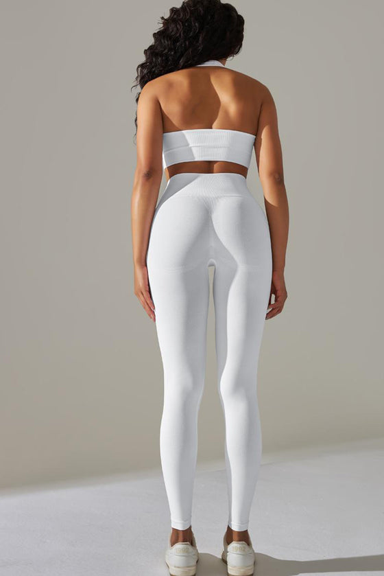 LC2611613-P1-S, LC2611613-P1-M, LC2611613-P1-L, White Solid Color Halter Bra and Leggings Workout Set