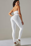 LC2611613-P1-S, LC2611613-P1-M, LC2611613-P1-L, White Solid Color Halter Bra and Leggings Workout Set