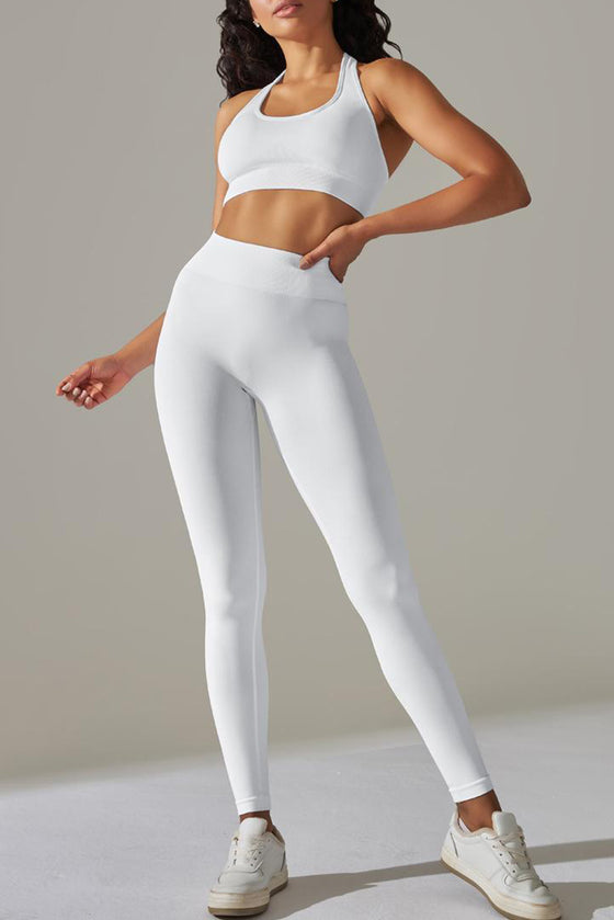 LC2611613-P1-S, LC2611613-P1-M, LC2611613-P1-L, White Solid Color Halter Bra and Leggings Workout Set