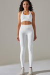 LC2611613-P1-S, LC2611613-P1-M, LC2611613-P1-L, White Solid Color Halter Bra and Leggings Workout Set