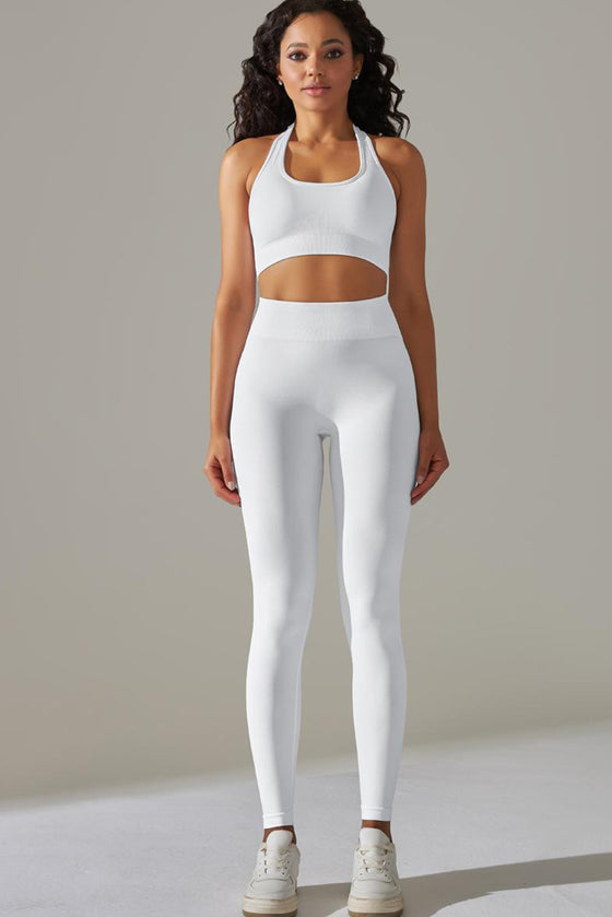 LC2611613-P1-S, LC2611613-P1-M, LC2611613-P1-L, White Solid Color Halter Bra and Leggings Workout Set