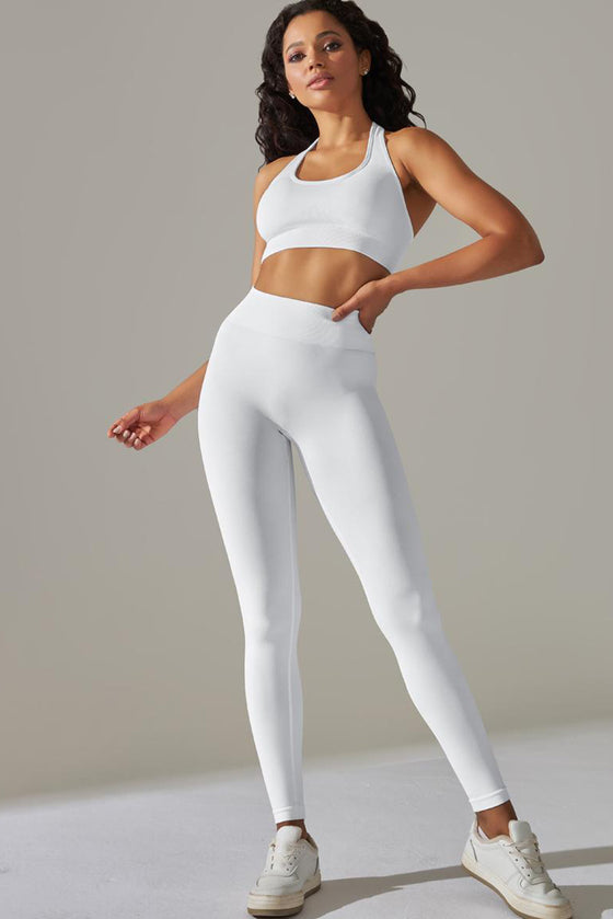 LC2611613-P1-S, LC2611613-P1-M, LC2611613-P1-L, White Solid Color Halter Bra and Leggings Workout Set