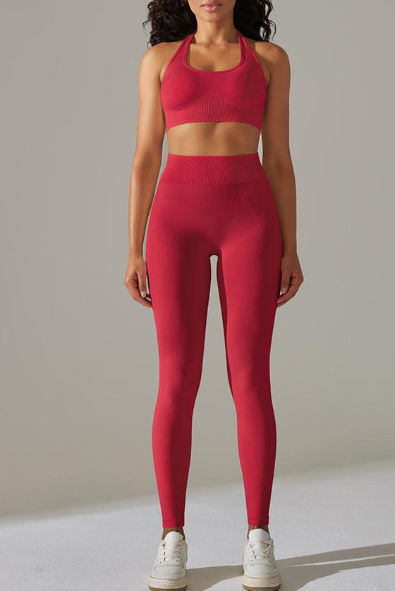 LC2611613-P603-S, LC2611613-P603-M, LC2611613-P603-L, Racing Red Solid Color Halter Bra and Leggings Workout Set