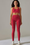 LC2611613-P603-S, LC2611613-P603-M, LC2611613-P603-L, Racing Red Solid Color Halter Bra and Leggings Workout Set