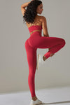 LC2611613-P603-S, LC2611613-P603-M, LC2611613-P603-L, Racing Red Solid Color Halter Bra and Leggings Workout Set