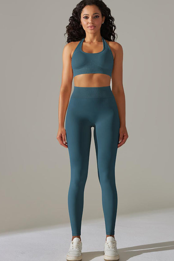 LC2611613-P1709-S, LC2611613-P1709-M, LC2611613-P1709-L, Sea Green Solid Color Halter Bra and Leggings Workout Set