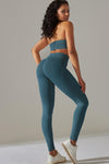 LC2611613-P1709-S, LC2611613-P1709-M, LC2611613-P1709-L, Sea Green Solid Color Halter Bra and Leggings Workout Set