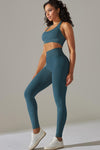 LC2611613-P1709-S, LC2611613-P1709-M, LC2611613-P1709-L, Sea Green Solid Color Halter Bra and Leggings Workout Set