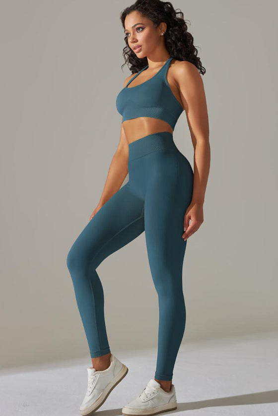 LC2611613-P1709-S, LC2611613-P1709-M, LC2611613-P1709-L, Sea Green Solid Color Halter Bra and Leggings Workout Set