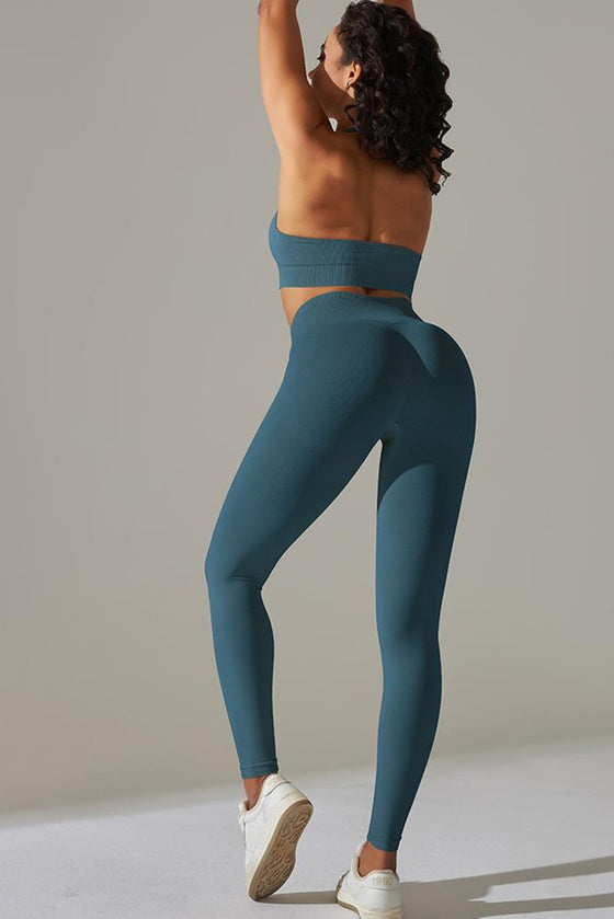 LC2611613-P1709-S, LC2611613-P1709-M, LC2611613-P1709-L, Sea Green Solid Color Halter Bra and Leggings Workout Set